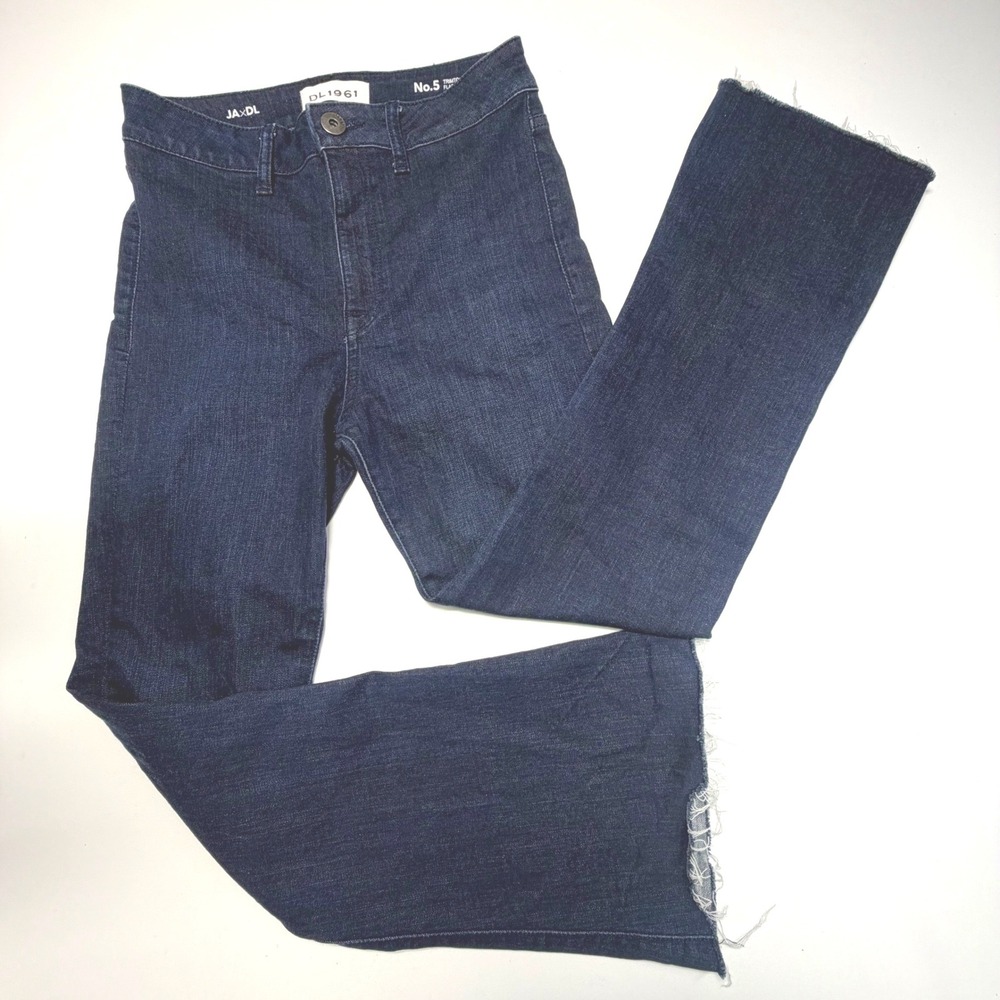 DL1961 No.5 Trimtone Flare Jeans Splintered Raw Hem Made in USA Dark Wash 28